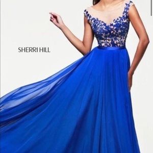 Sherri Hill Royal Blue Floral Print Prom Dress